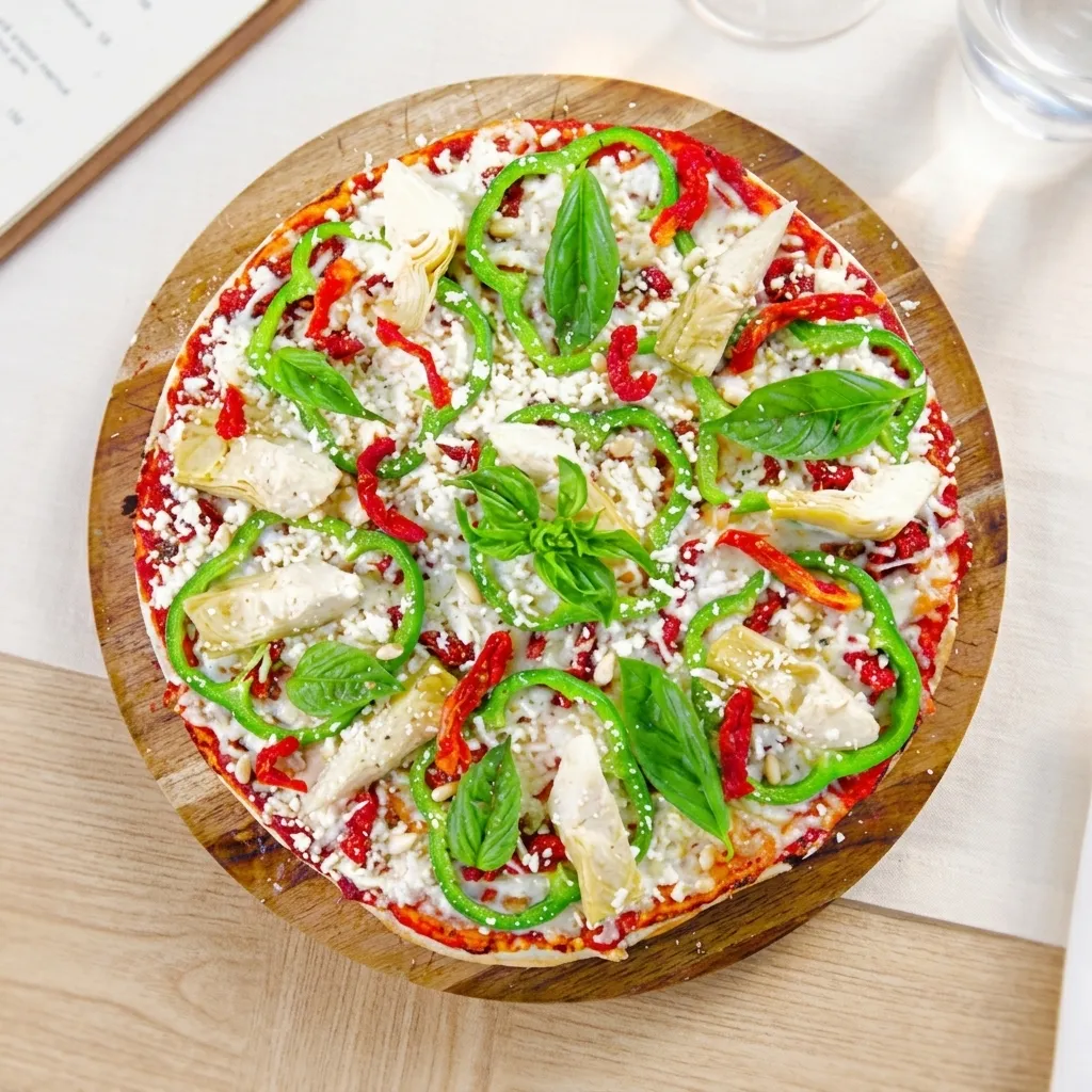 Avatara Pizza Picasso Pizza - Mediterranean gluten-free pesto flatbread with artichokes and pine nuts Calgary